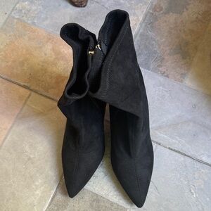 Pointed-Toe Black Suede Heeled Ankle Boots